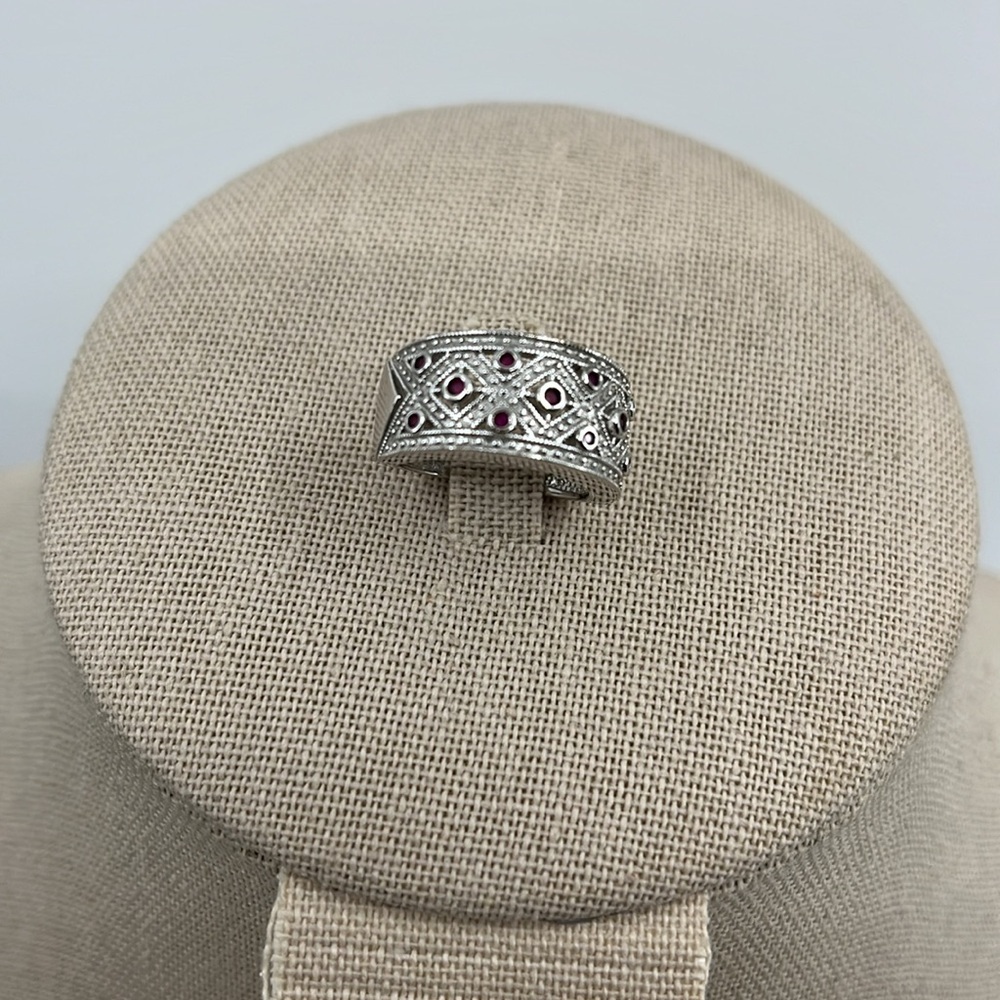 Vintage HJS 925 Sterling Silver Filigree Garnet Ruby Band Ring Size 5 Korea - Picture 12 of 15